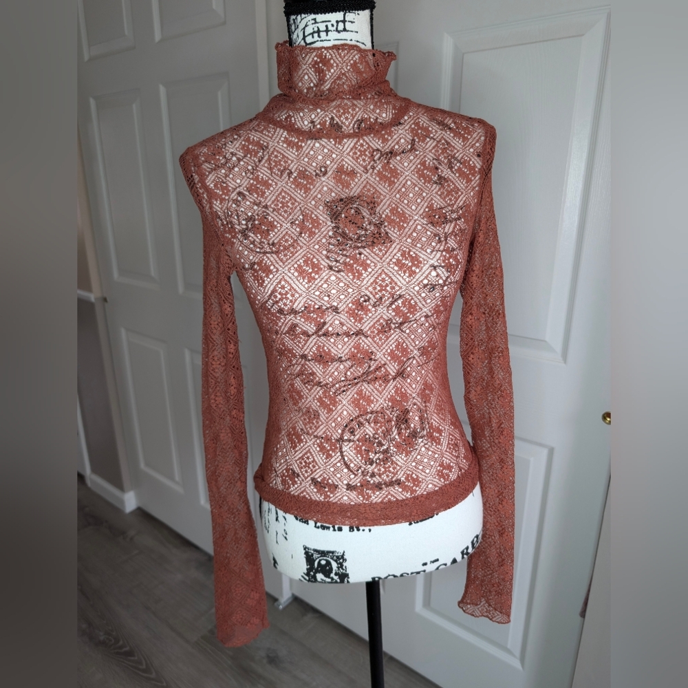 Free People Sheer Lace Turtleneck Long-Sleeve Top - Rust